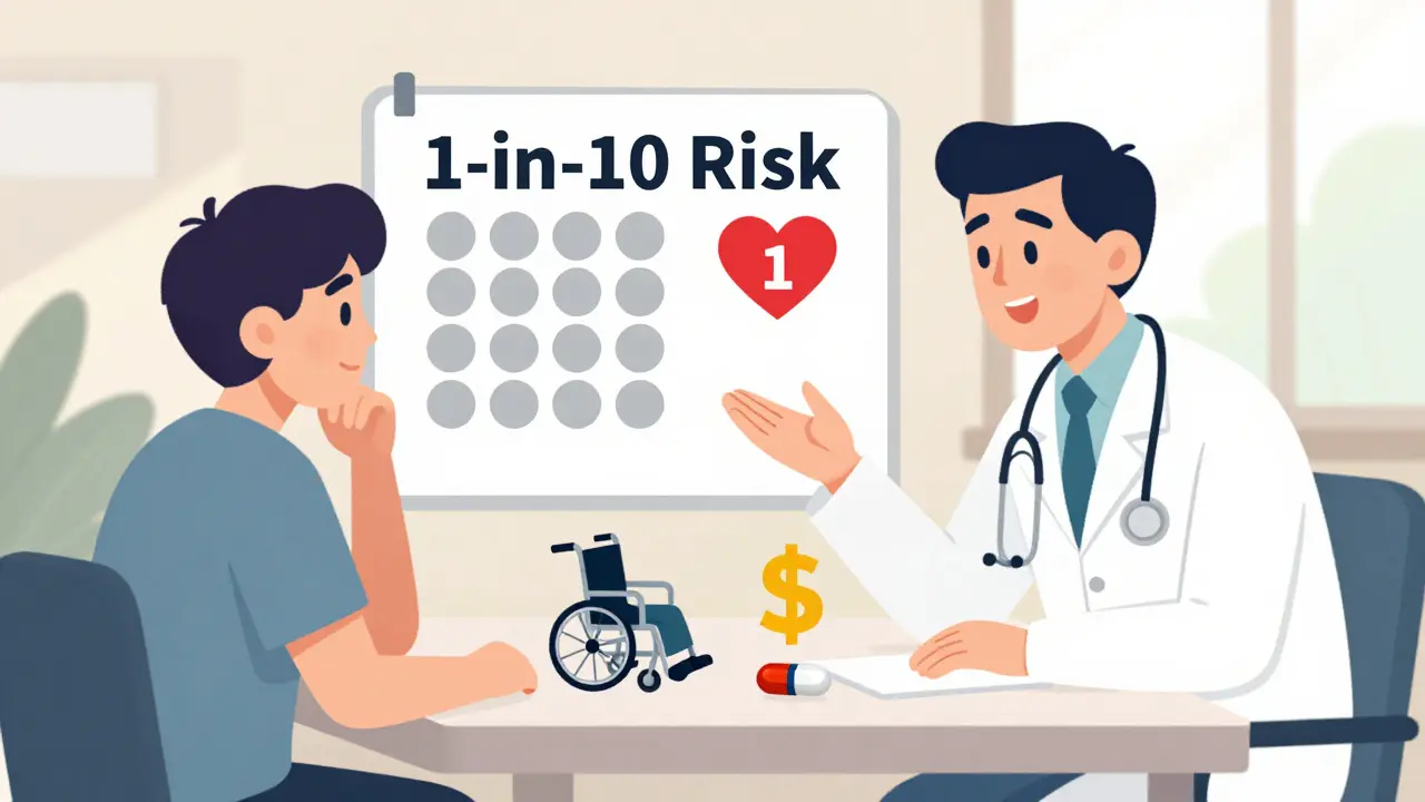 Patient and doctor reviewing visual risk chart with icons, sunlight streaming in.