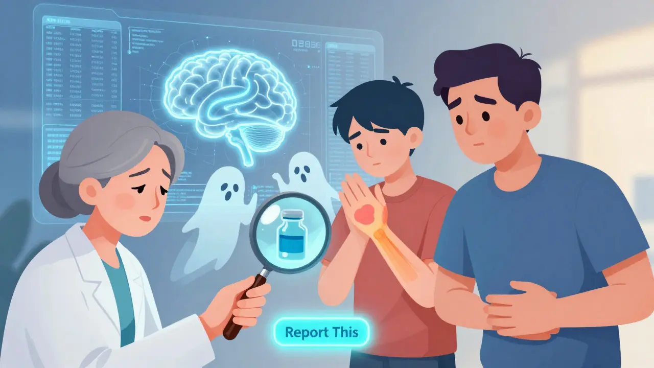 Patient using magnifying glass to reveal hidden side effects from medication, with AI analyzing health data in background.