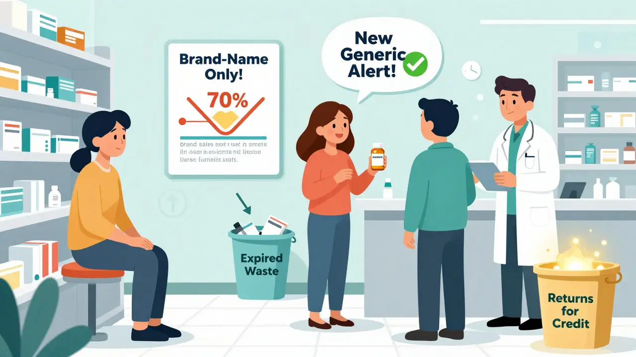 Patients receiving generic prescriptions as a pharmacy wall chart shows a sharp drop in brand-name sales after generic launch.