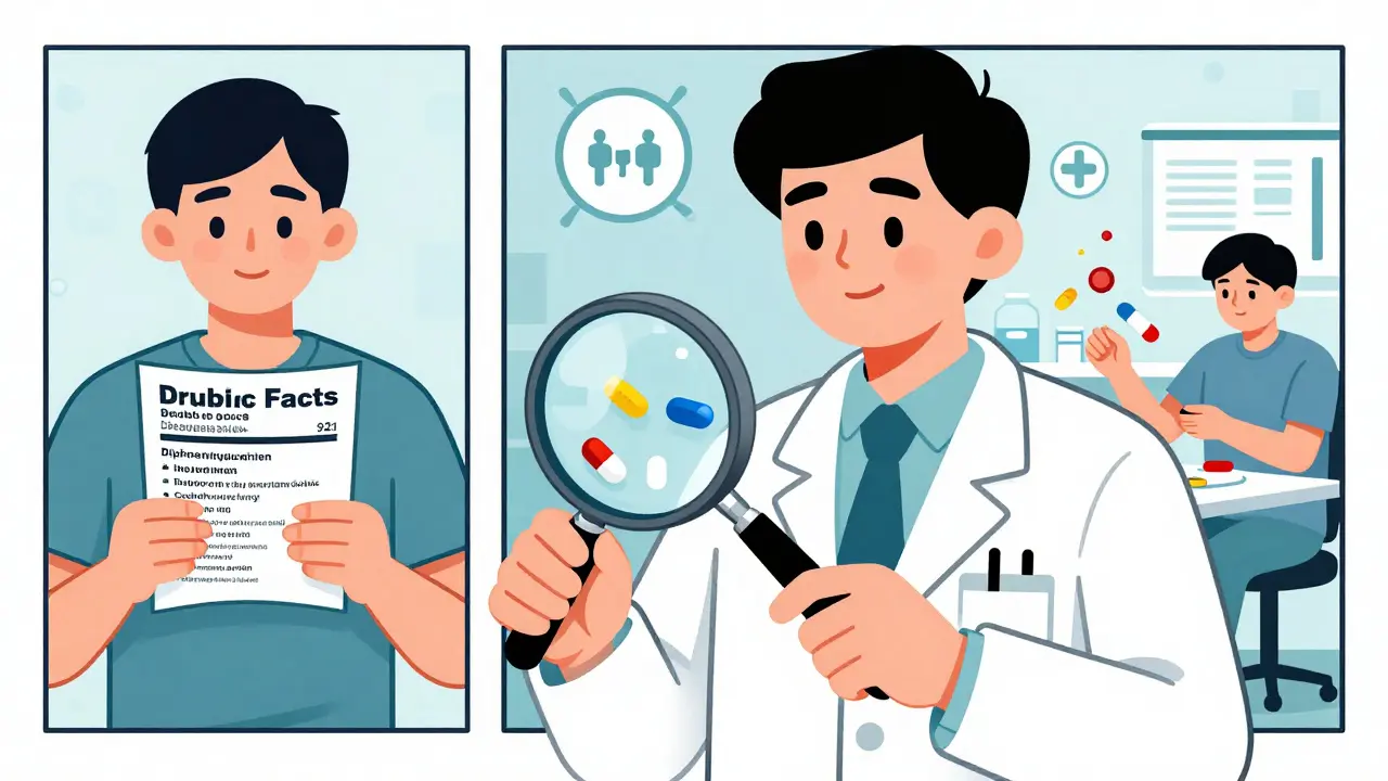 Pharmacist examining drug label revealing hidden ingredients in common OTC products.