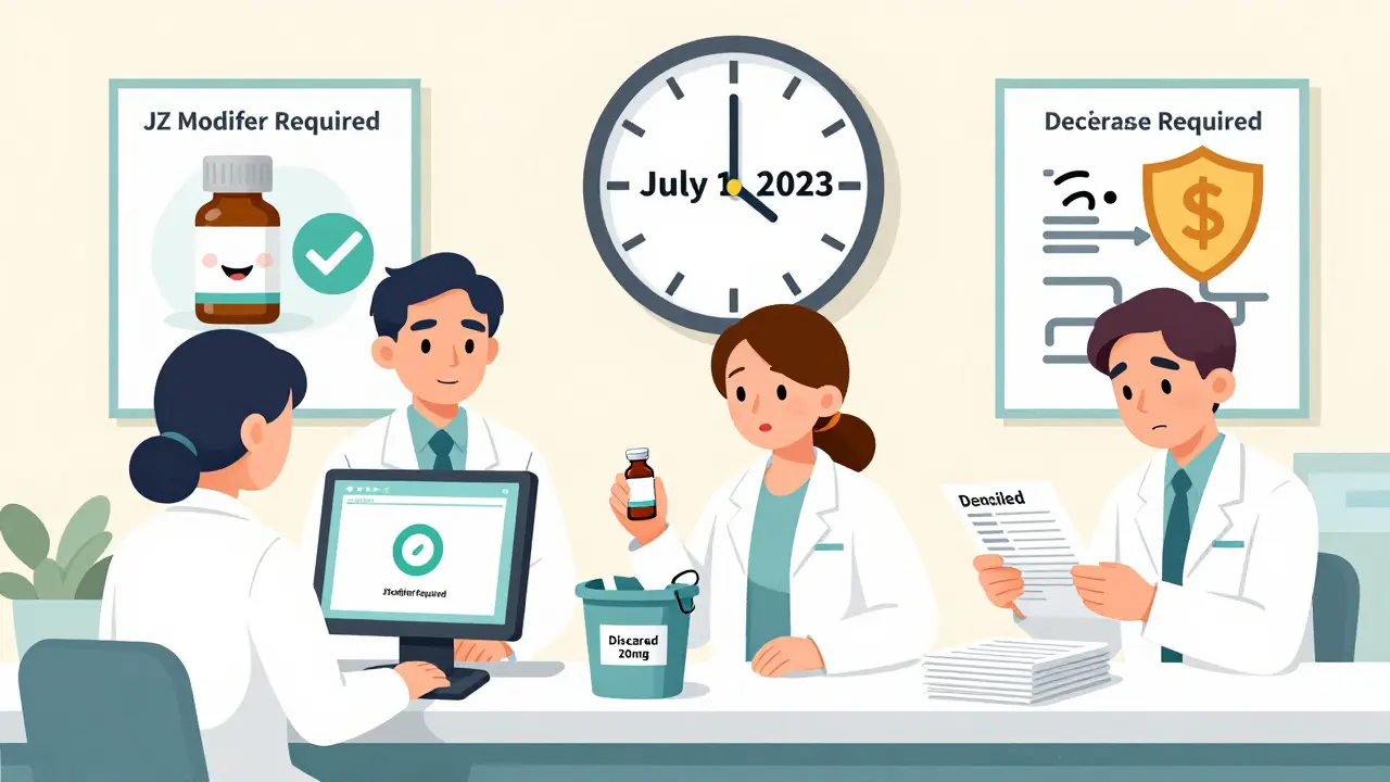 Pharmacy staff struggle with JZ modifier paperwork and discarded drug waste at a clinic counter.