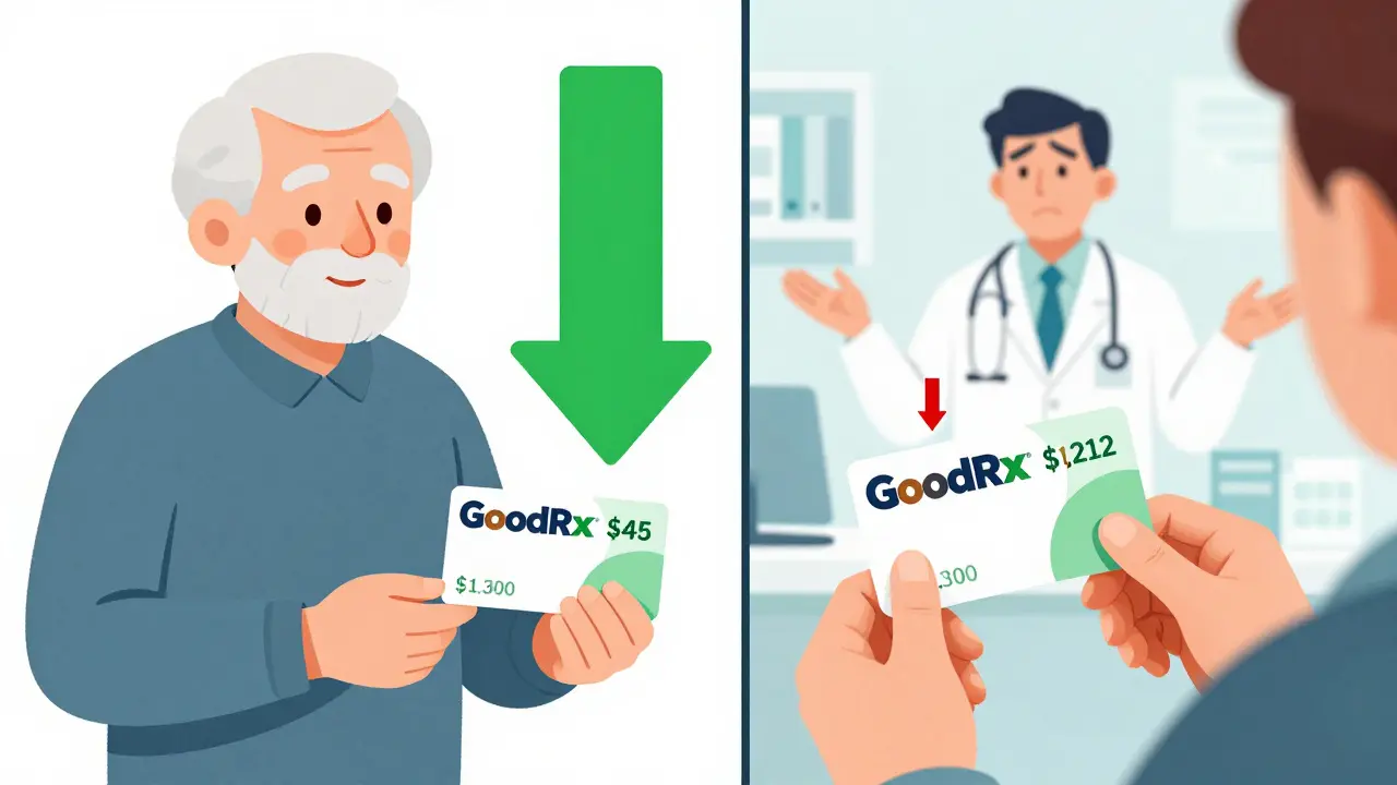 Senior receiving  generic medication via GoodRx versus minimal discount on expensive brand-name drug.