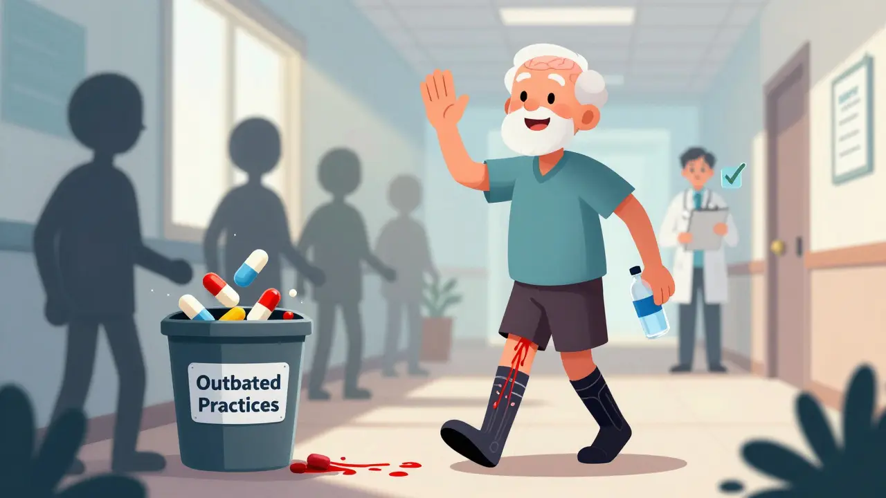 Senior walking confidently with compression socks and water bottle, blood flowing upward, outdated medications discarded in bin.
