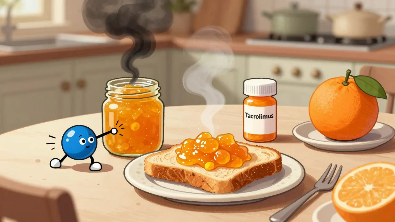 Seville orange marmalade on toast next to a pill bottle, with a shutting-down enzyme symbol in the background.