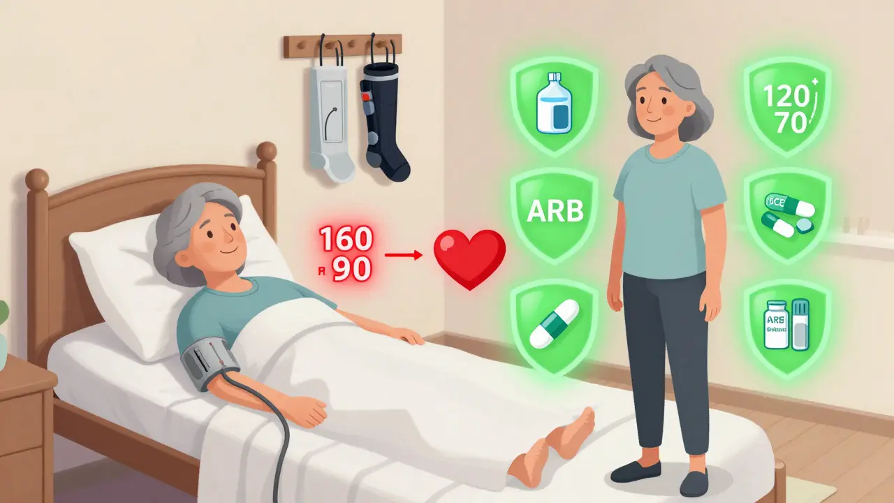 Split illustration showing high blood pressure while lying down versus stable pressure while standing, with safe medications as protective shields.