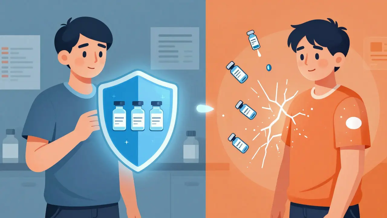 Split image: one patient protected after proper timing, another with vaccine failing during steroid treatment.