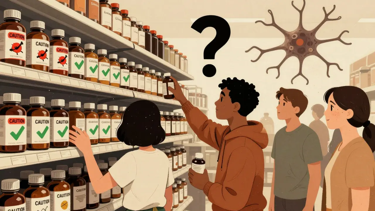 Supplement shelf with conflicting warnings on EPO bottles, diverse people reaching for them.