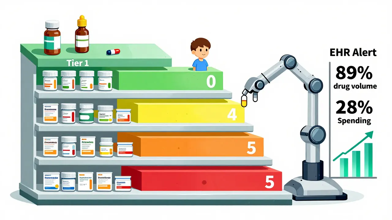 Tiered hospital pharmacy shelf showing preferred generics at bottom and costly specialty drugs on top.