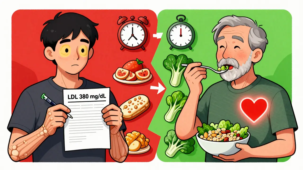 Two contrasting figures: one with genetic high cholesterol and physical signs, one eating healthy foods with a glowing heart.