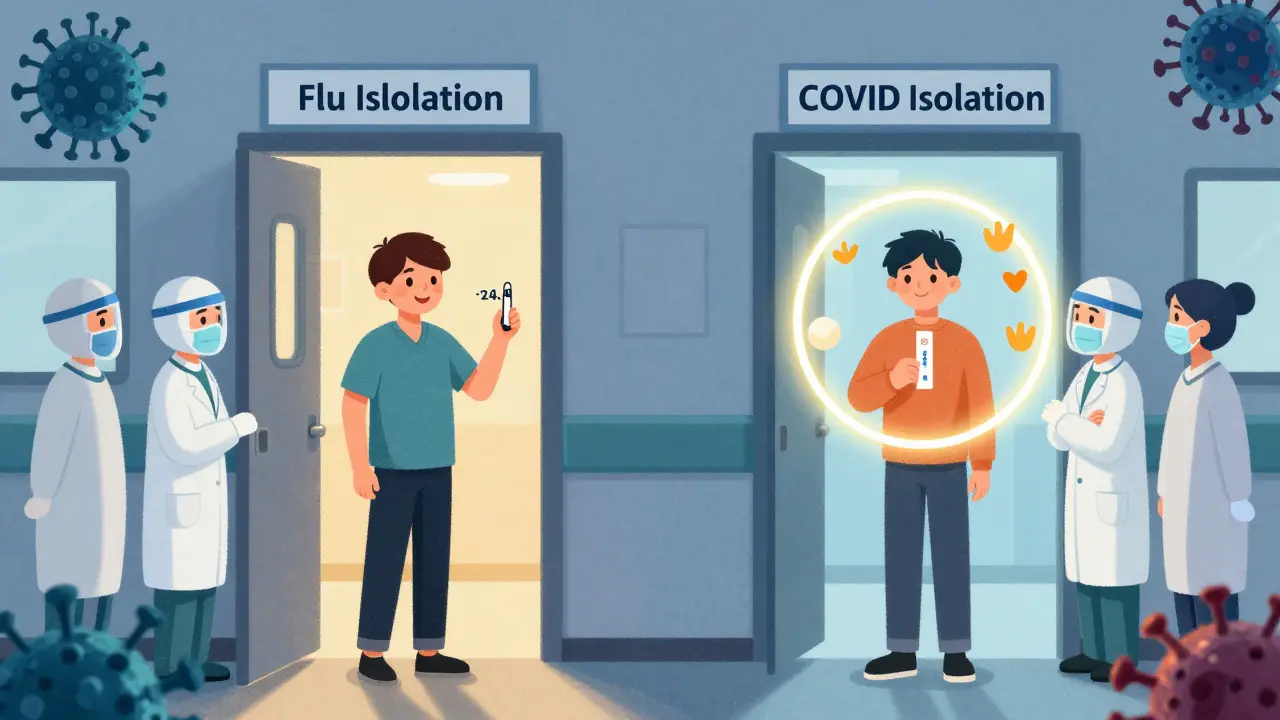 Two isolation doors side by side: one for flu with a relieved person, one for COVID with a negative test result.