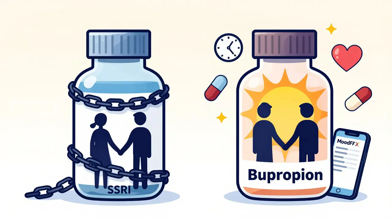 Two medication bottles side by side: one causing chains around a couple, the other bringing sunlight and options like timing sex and therapy.