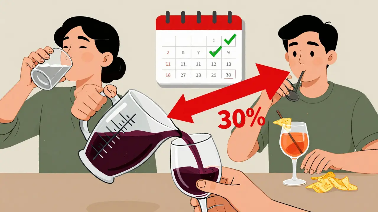 Wine poured too high in glass, split scene showing healthy vs. sugary drinks, calendar with alcohol-free days marked.