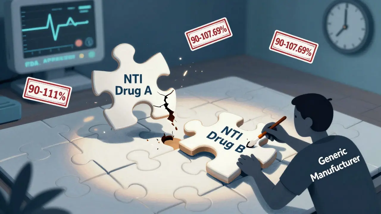 A cracked puzzle of two NTI drugs with FDA approval thresholds floating nearby, representing bioequivalence challenges.