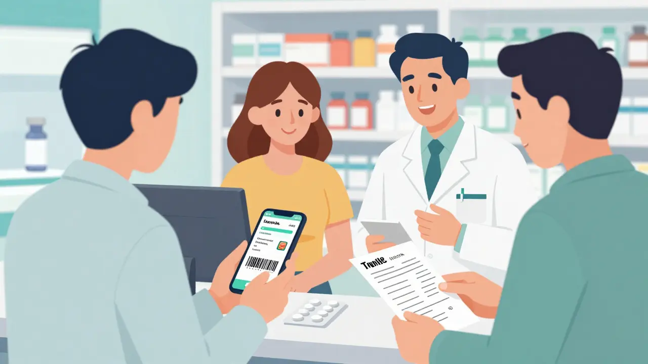 A patient scanning a pill barcode with a smartphone at the pharmacy while a pharmacist reviews a medication list.