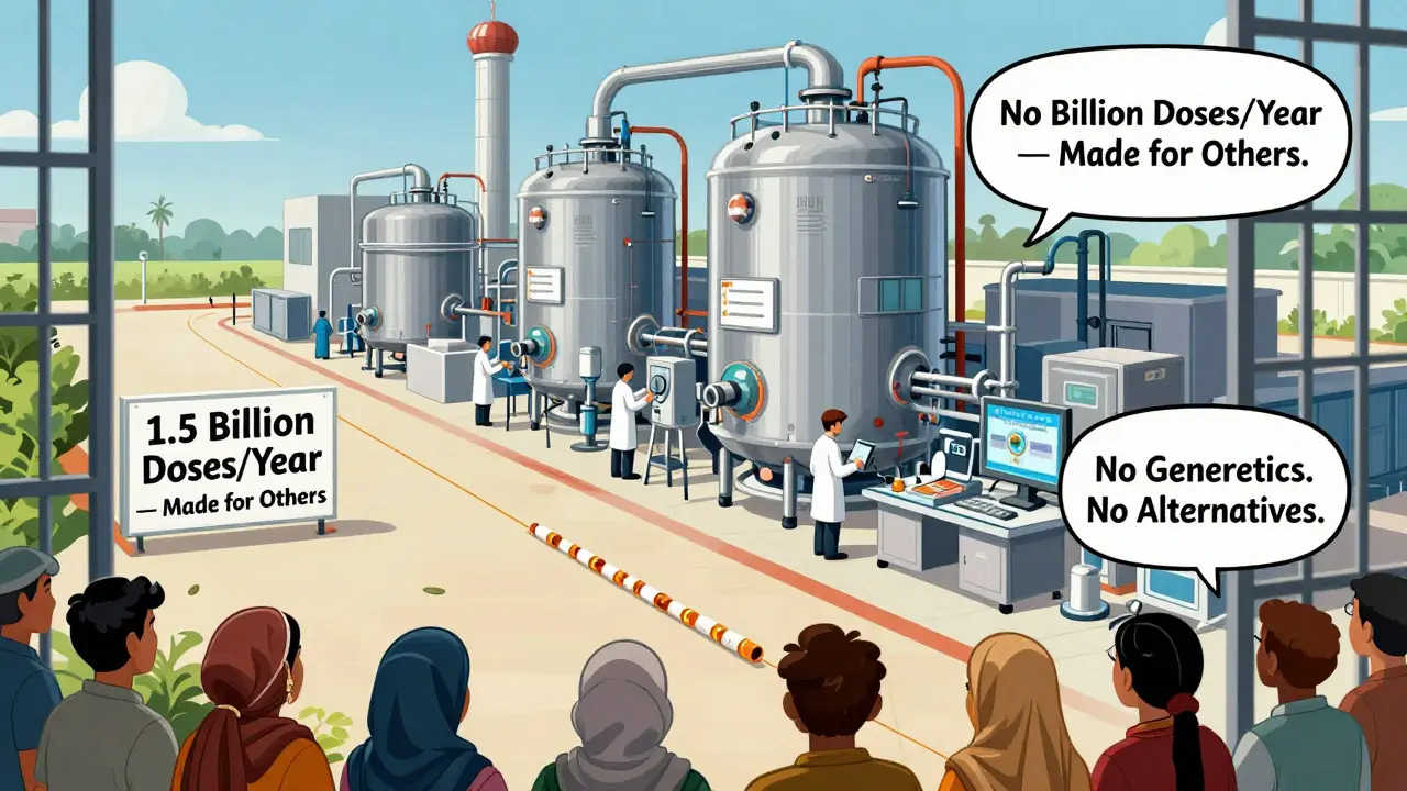 An Indian vaccine factory produces billions of doses for other countries, while local populations watch helplessly from outside.