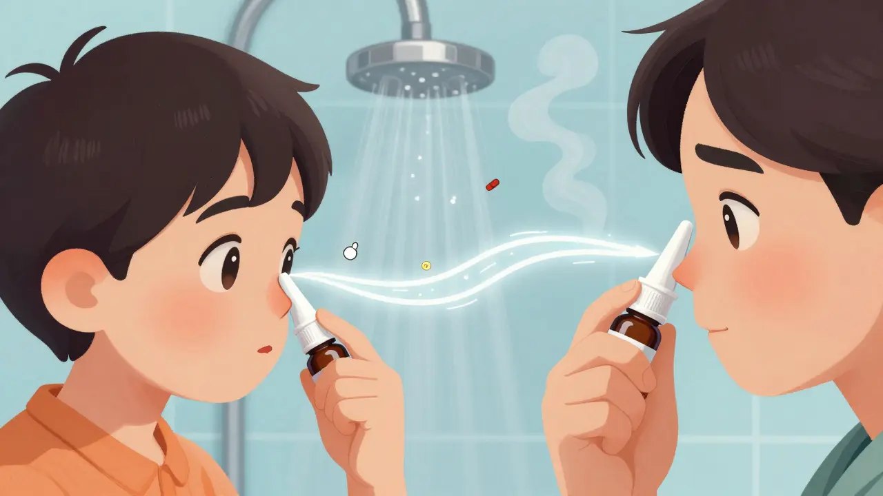 Child and adult using nasal spray correctly, aiming toward outer nostril wall with steam and proper technique shown.