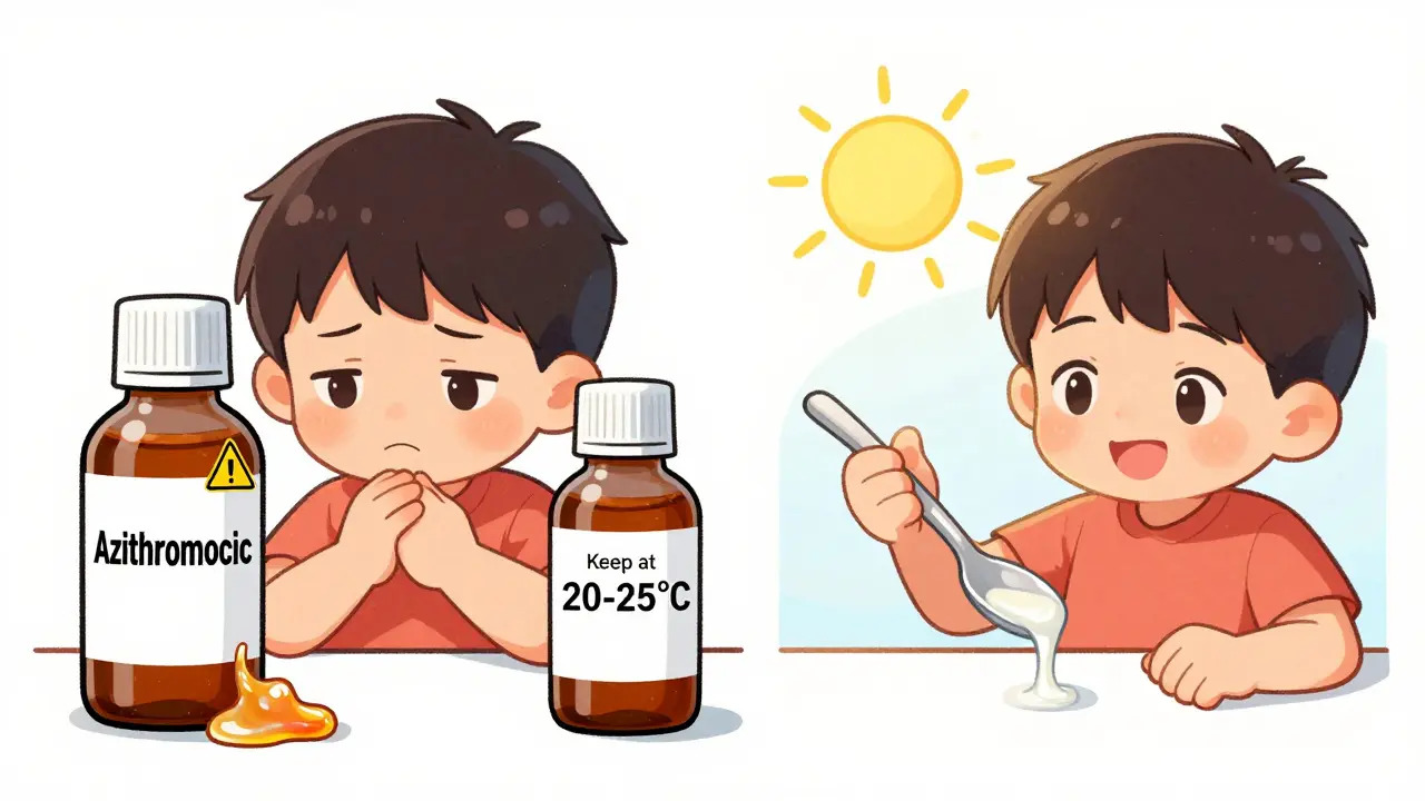 Child smiling at room-temperature antibiotic suspension flowing into a spoon, while cold version looks thick and unappealing.