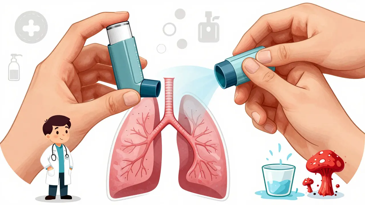 Close-up of correct inhaler technique with lungs showing medication flow and thrush being rinsed away.