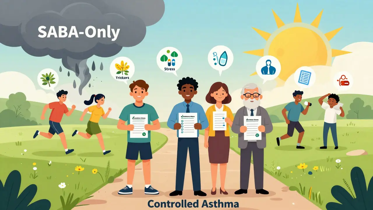 Diverse group holding asthma action plans, walking toward a sunny horizon free from SABA-only danger.