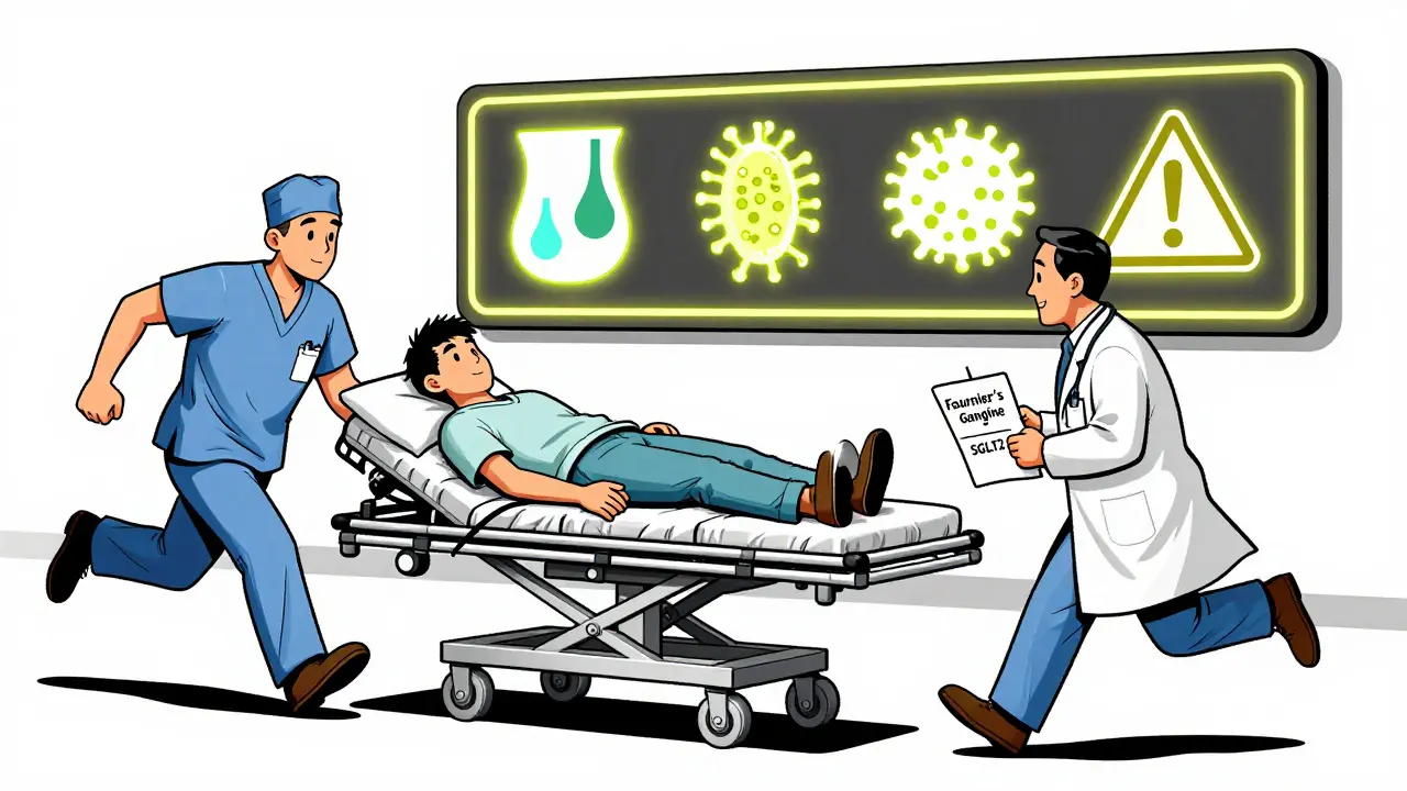 Emergency room staff rushing a patient with Fournier’s gangrene, accompanied by a warning sign about SGLT2 inhibitors.