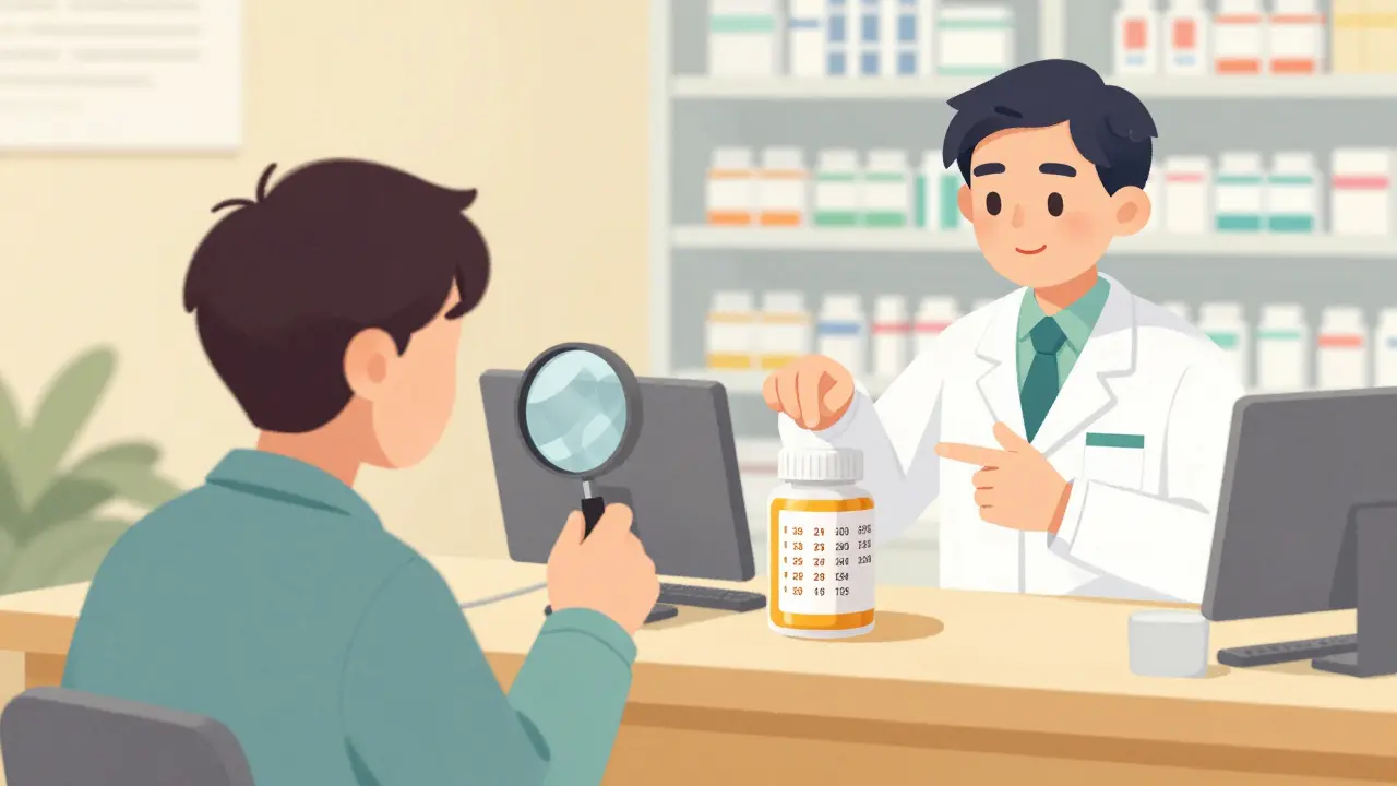 Patient checking numeric code on pill bottle with pharmacist