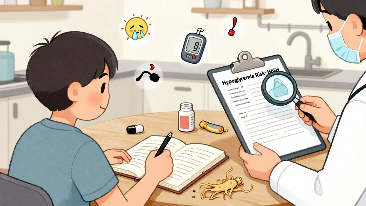 Patient logging blood sugar with ginseng capsule nearby, doctor's hand pointing to hypoglycemia warning report.