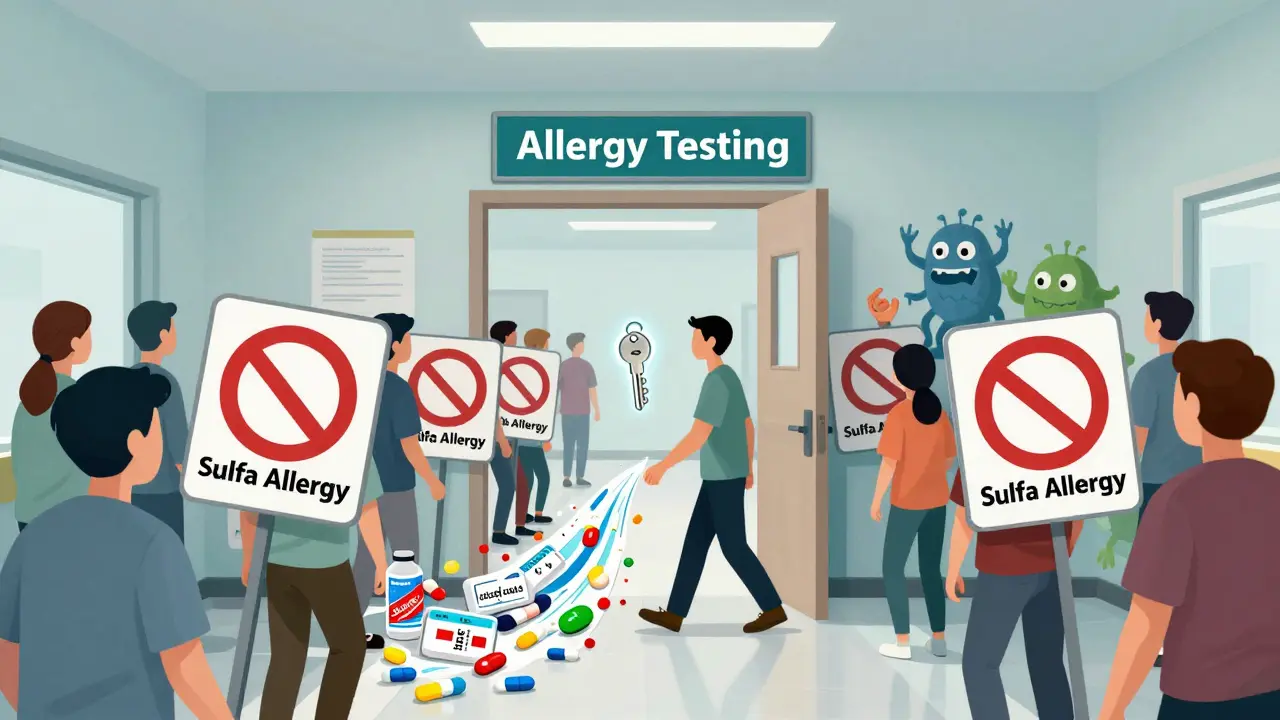Patient walking past 'No' signs into 'Allergy Testing' door, while safe medications flow freely and antibiotic resistance monsters shrink.