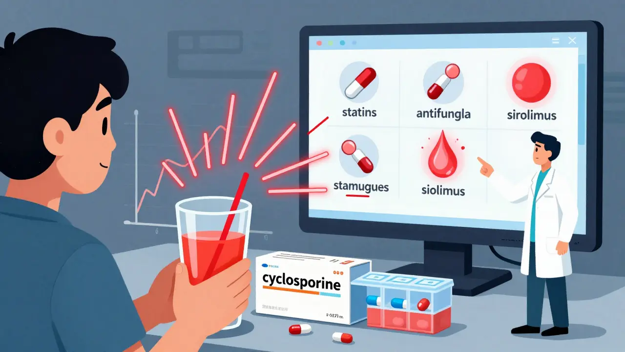 Patient with grapefruit juice and cyclosporine pills causing drug interaction spikes, monitored by medical staff.