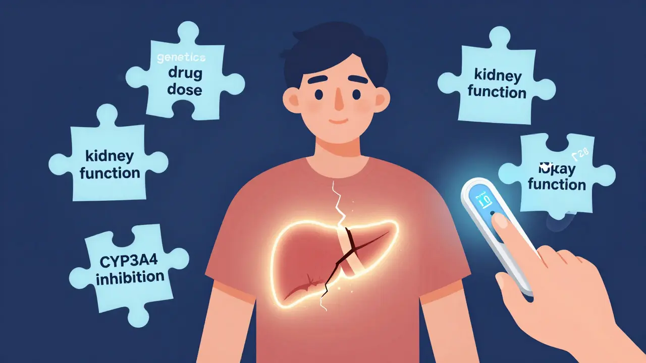 Person with glowing transplant surrounded by puzzle pieces of drug metabolism, with a futuristic testing device nearby.