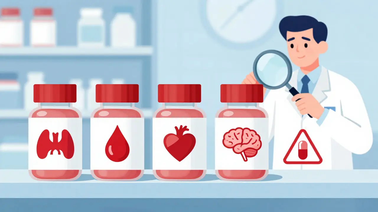 Pharmacy shelf with high-risk drug icons and warning triangles