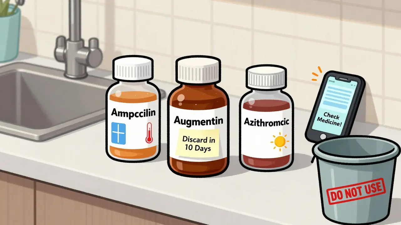 Three antibiotic bottles on counter with storage labels, discard sticker, and phone alarm reminding to check expiration date.