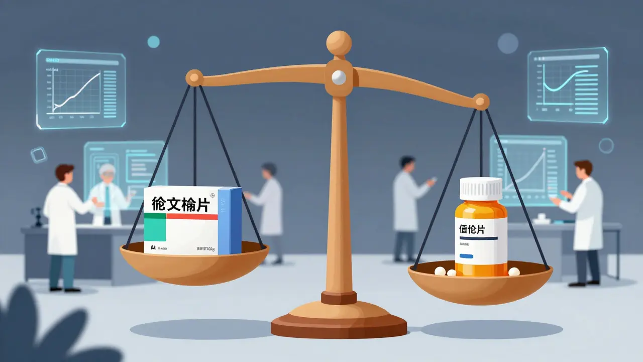 A balance scale with brand and generic drugs perfectly balanced, scientists analyzing data behind them with AI visuals.