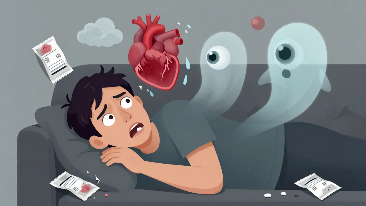 A person experiencing alarming symptoms after taking a fake pill, with ghostly visualizations of fentanyl effects rising from the pill.