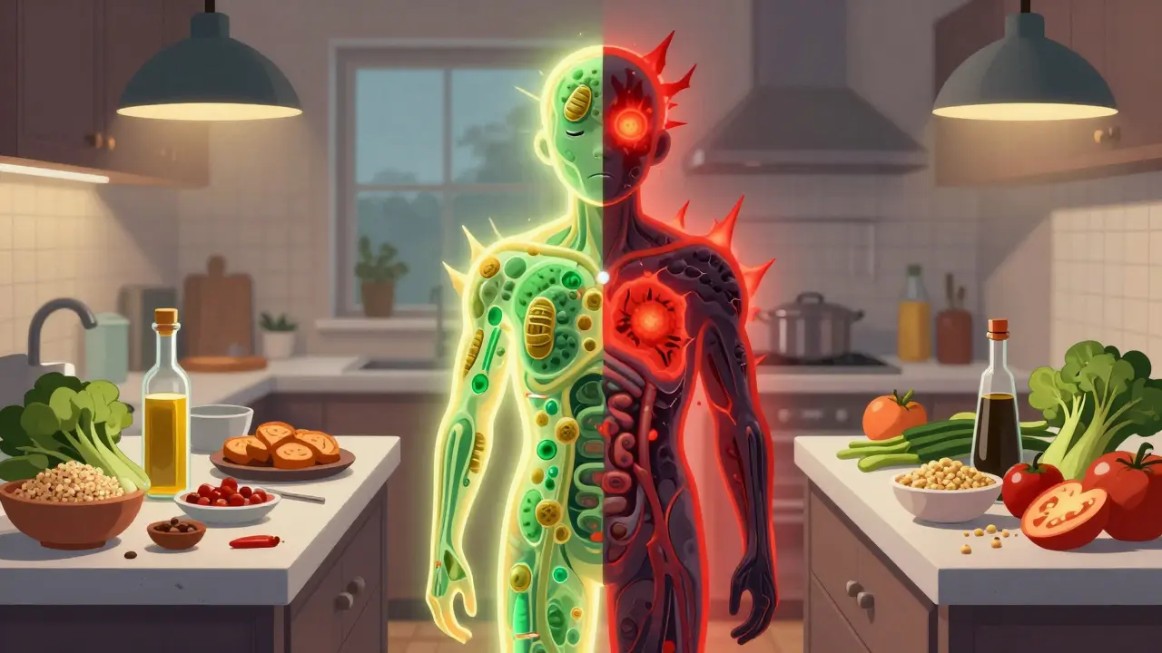 A person split between healthy glowing cells and inflamed spikes, standing between healthy and junk food counters.