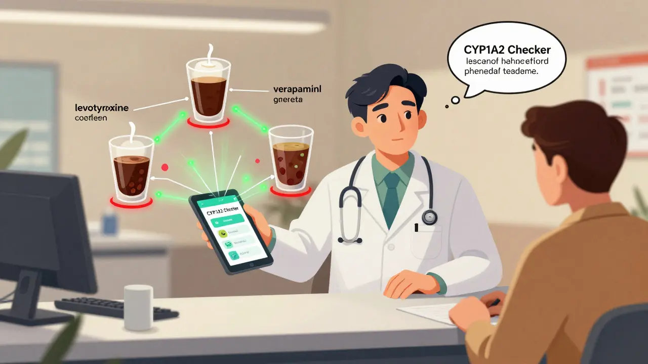 A pharmacist using a digital app to show interactions between beverages and prescription drugs.