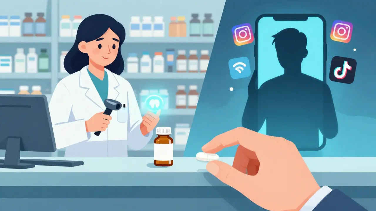 A split scene showing a trusted pharmacy verification versus an online seller offering counterfeit pills through social media.