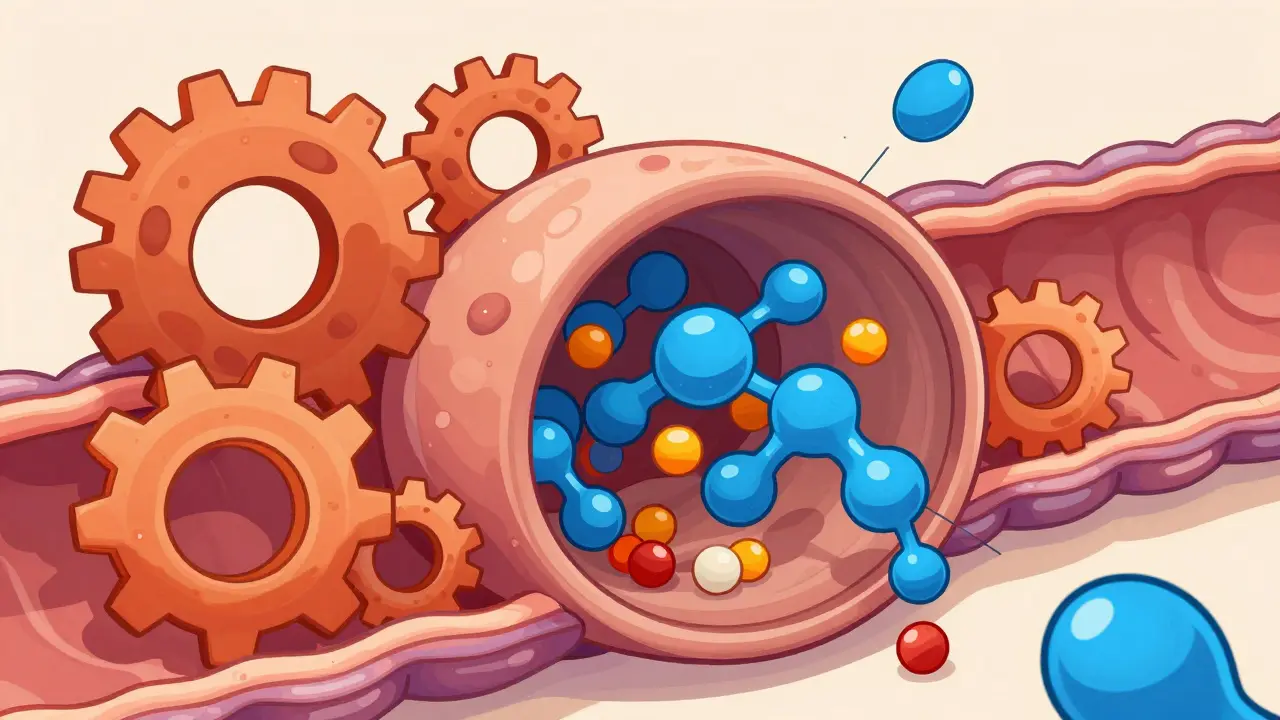 Cell gate blocked by large molecules trapping small particles inside.