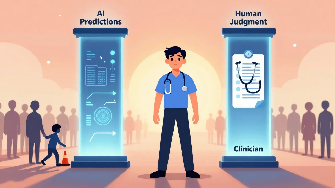 Clinician stands between AI predictions and human judgment, guiding a patient away from danger.