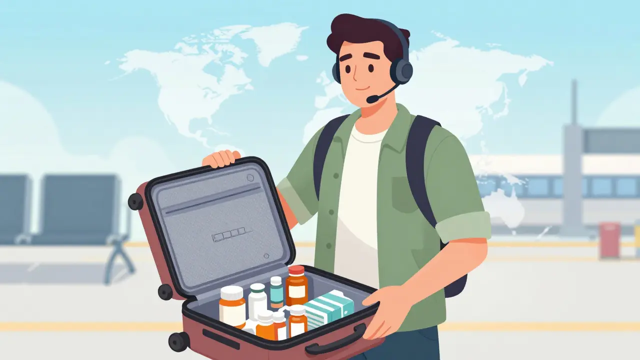 Confident traveler showing organized meds in carry-on bag.