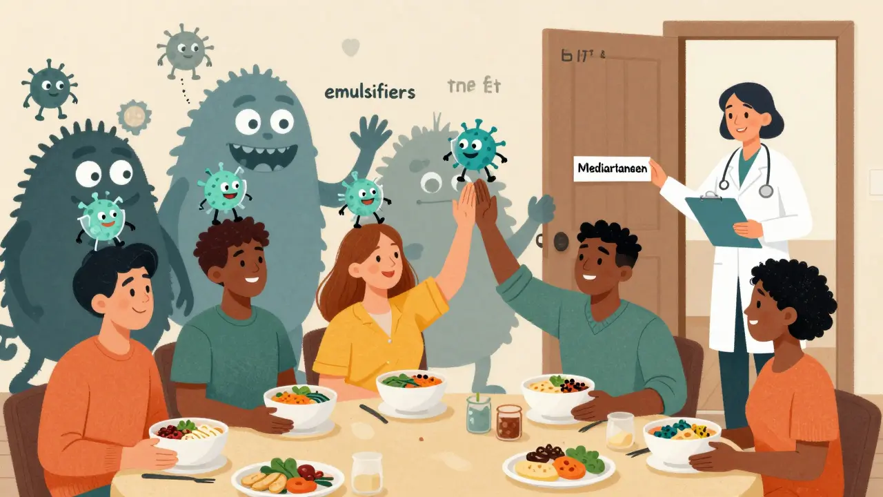 Diverse people eating wholesome meals as friendly immune cells celebrate, while inflammatory monsters leave the table.