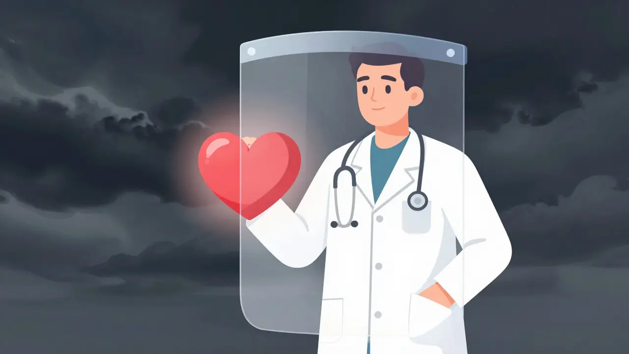 Doctor shields patient from storm clouds representing medical risks.