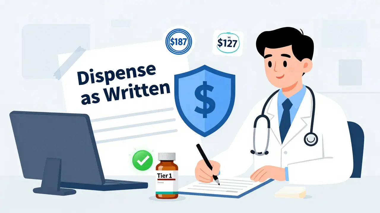 Doctor writing 'Dispense as Written' on a prescription while an insurance shield blocks brand-name drugs, with a glowing generic alternative.
