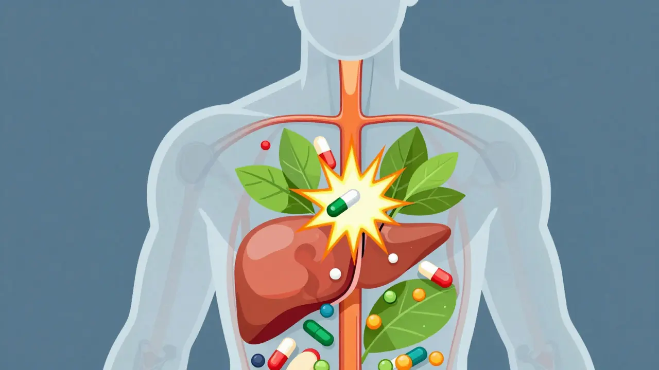 Human silhouette showing pills and herbs colliding in the bloodstream with spark effects.