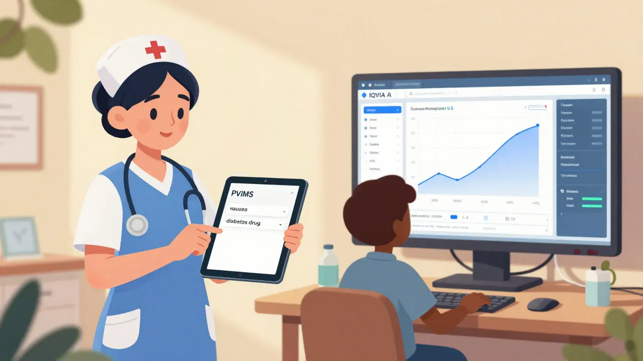 Nurse in rural clinic uses simple tablet interface while a U.S. hospital displays advanced AI analytics side by side.