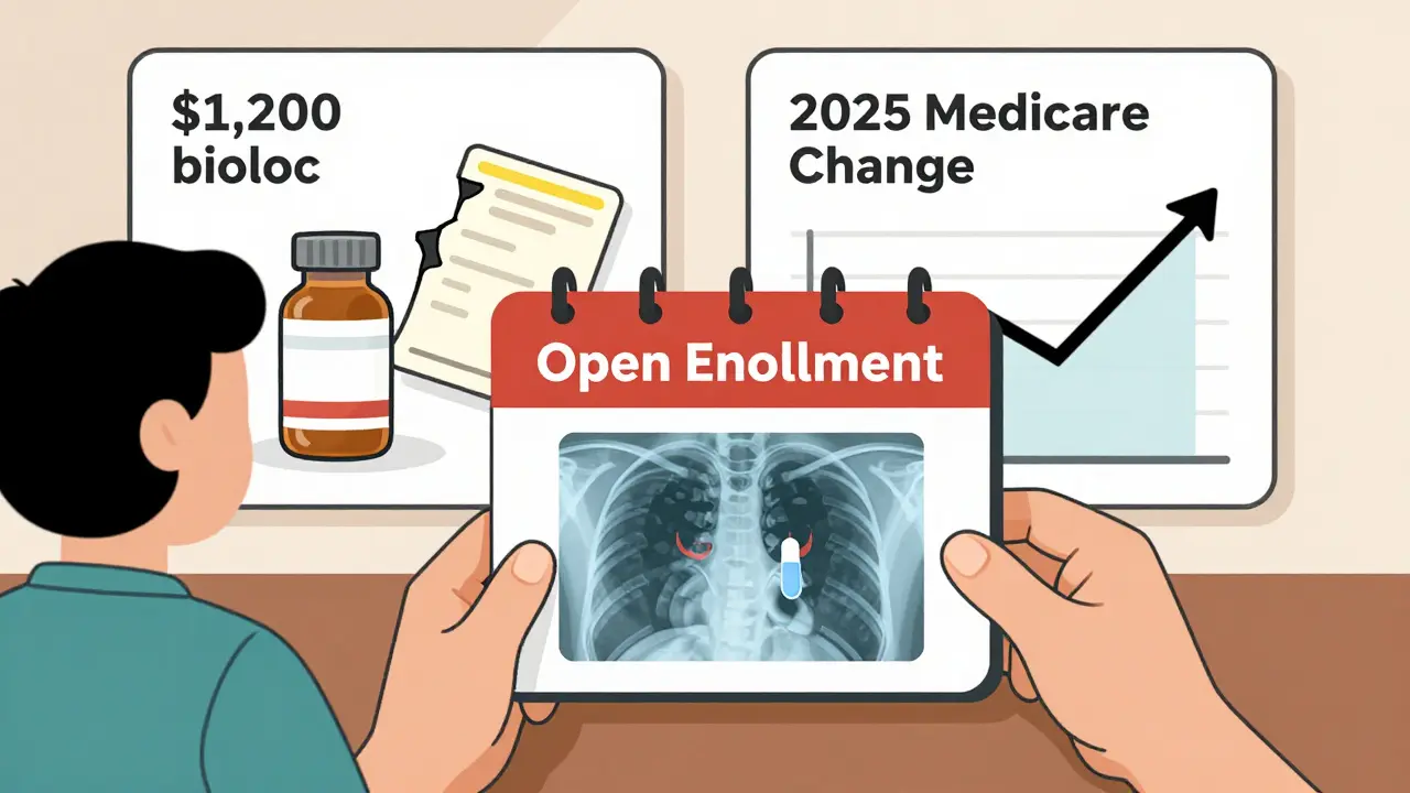 Patient holding a GoodRx coupon with a medical X-ray showing a generic pill, contrasted with biologic and biosimilar cost scenarios.