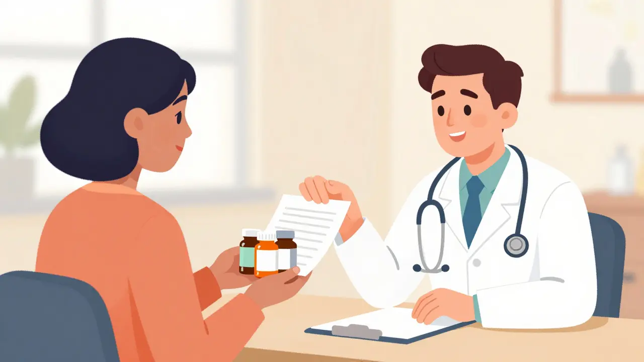 Patient showing supplement bottles and a list to a listening healthcare provider.