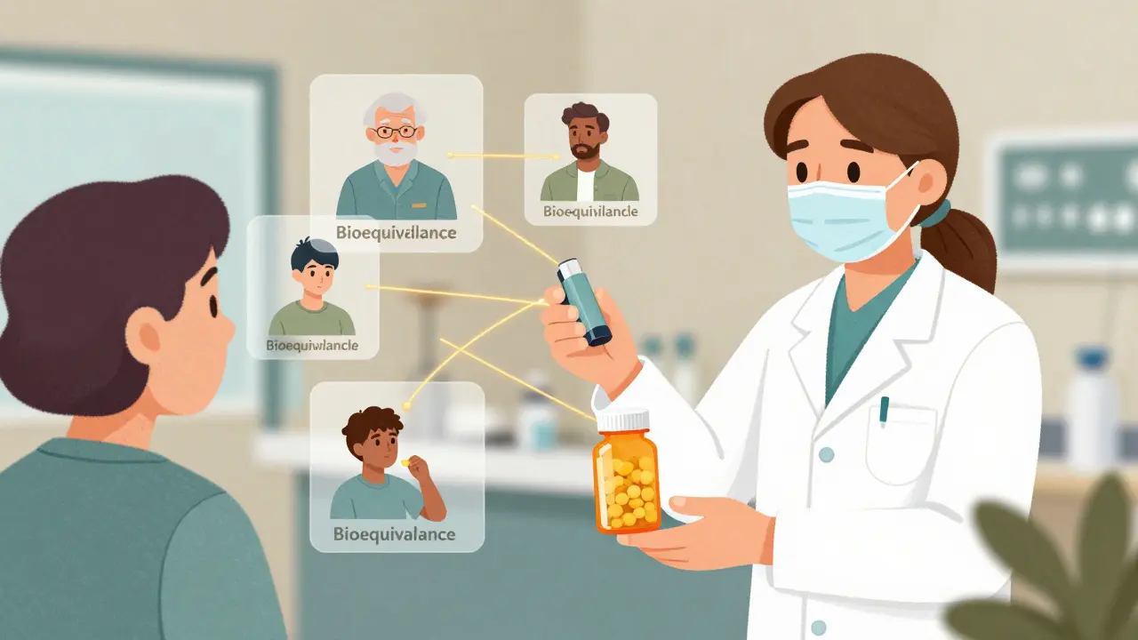 Pharmacist handing a generic pill bottle to a patient, with floating icons of different medications connected by a bioequivalence thread.