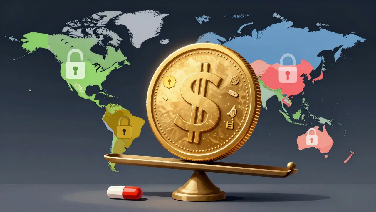 A large gold coin and a pill on a scale with a map showing global regulatory locks.