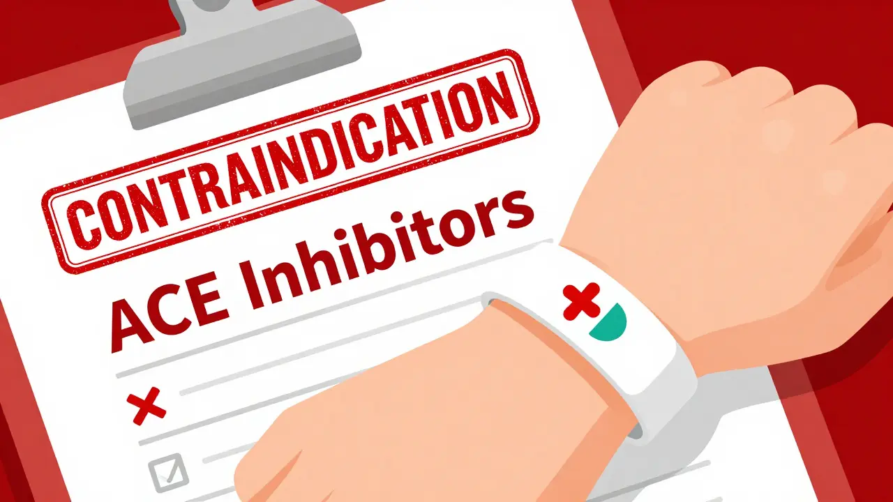 A medical alert bracelet on a wrist next to a medical record marking ACE inhibitors as contraindicated.