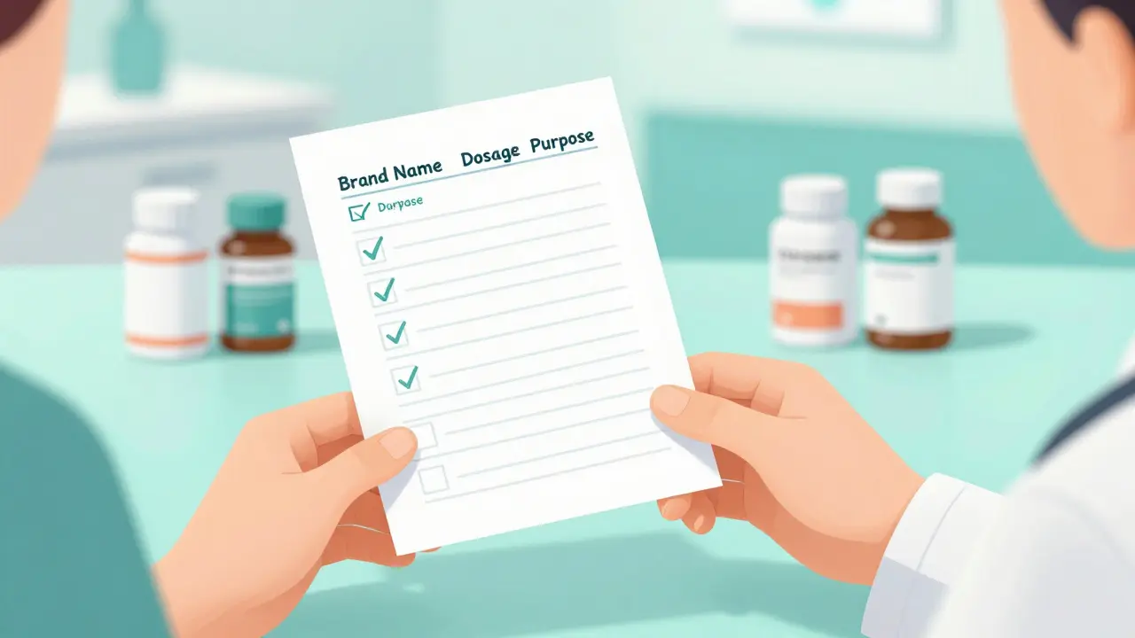 A patient handing a detailed written list of supplements and medications to their doctor